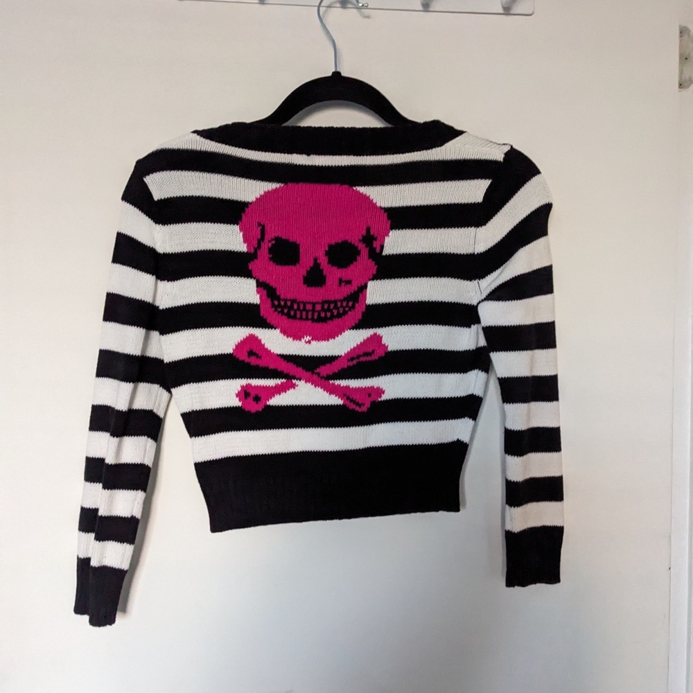 Vintage Betsey Johnson Black and White Striped Sweater with Pink Skull Design